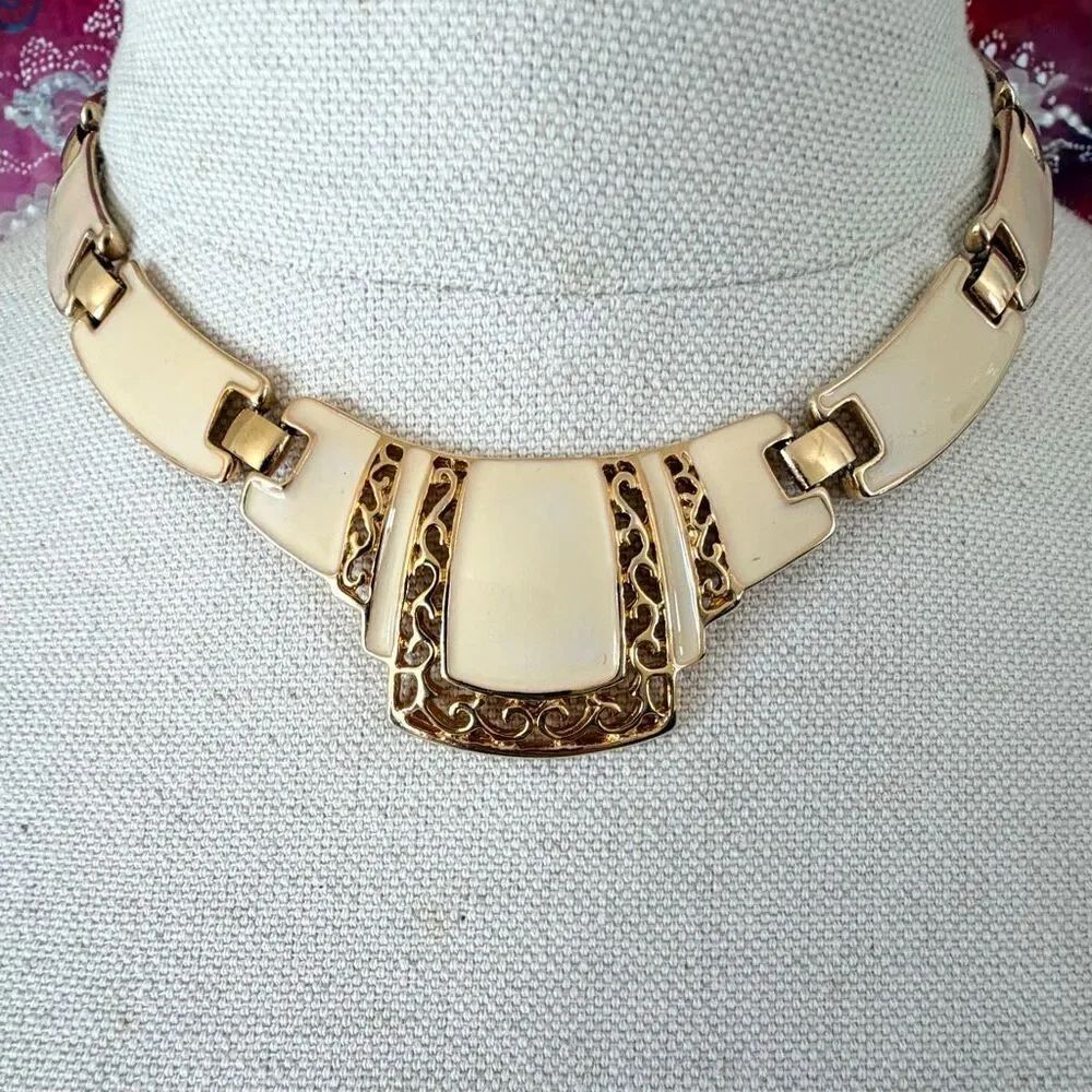 Vintage Cream Enamel Panel Necklace Gold Tone Filigree Collar Statement